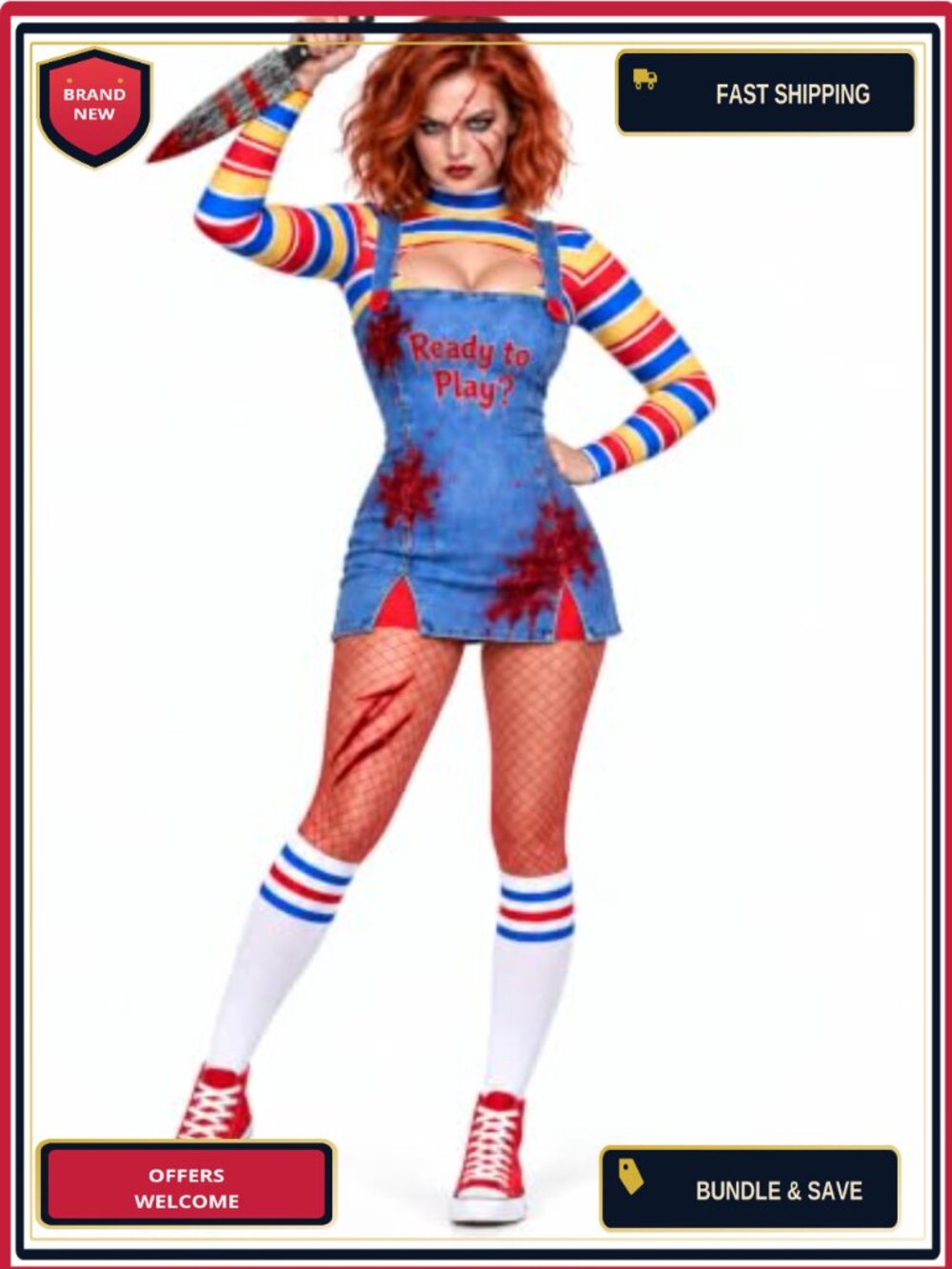 Creepy Doll Halloween Costume Set Women Cosplay 6-Piece Outfit